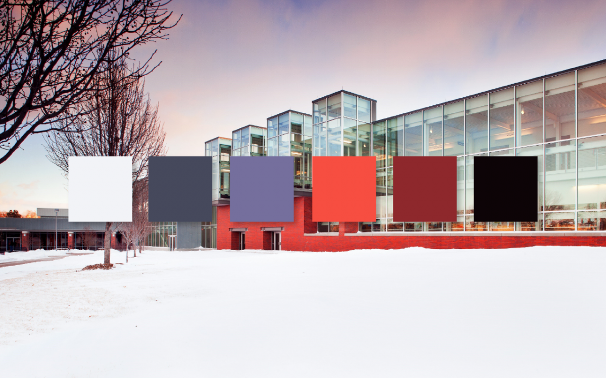 A purple, red, black and white color palette sits on top of an image of the South Omaha Campus.